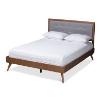 Baxton Studio Ines-Light Grey/Ash Walnut-King Ines Mid-Century Modern Light Grey Fabric Upholstered Walnut Brown Finished Wood King Size Platform Bed